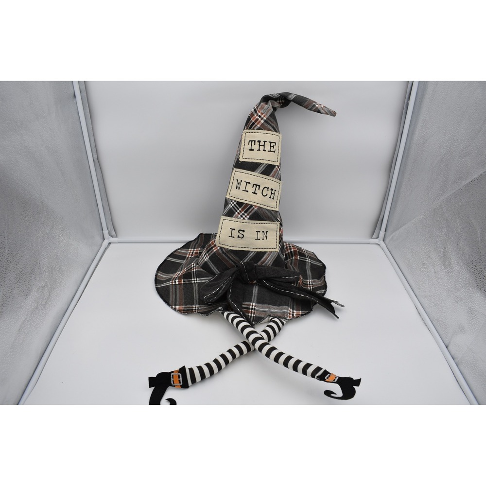 Mud Pie Halloween The Witch Is In Plaid Fabric Hat Decoration with Striped Legs